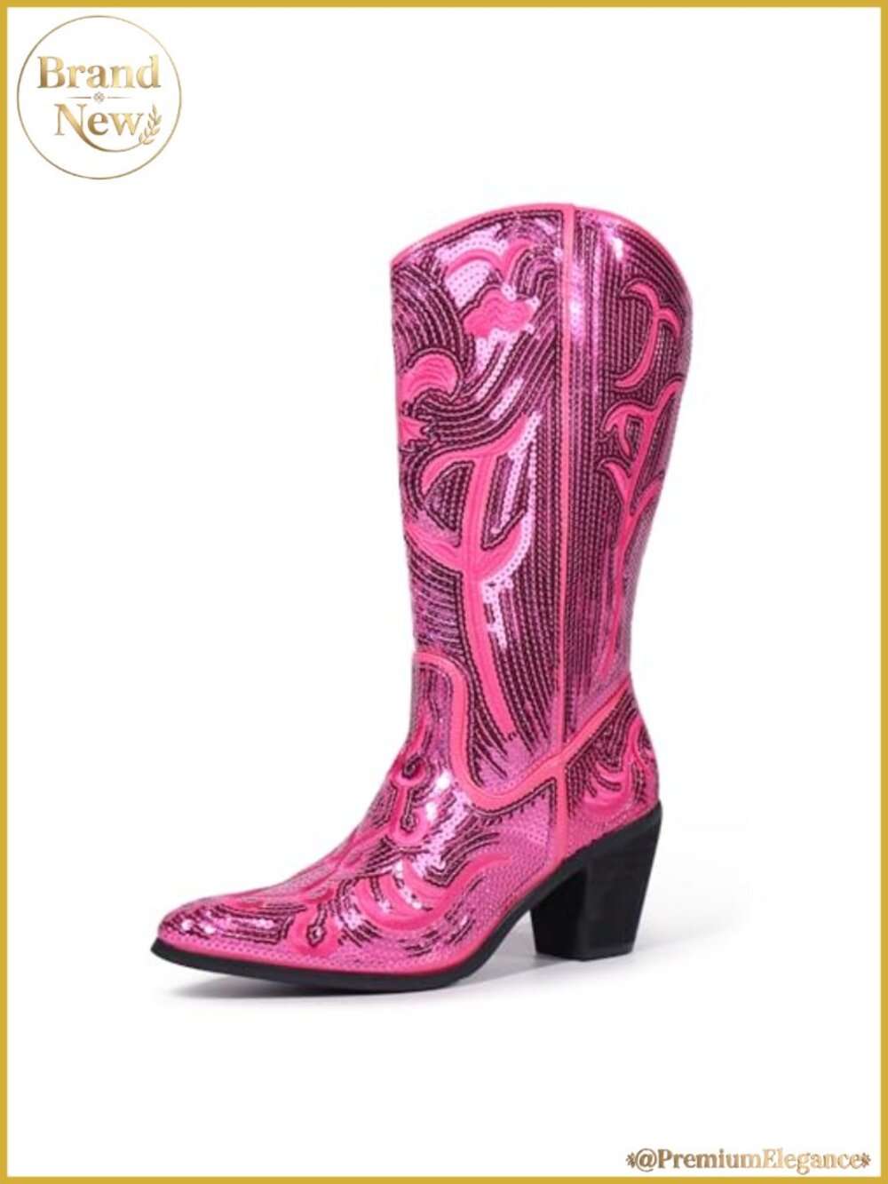 Sequin Western Cowboy Boots Mid Calf Tall Embroidered Zip Up